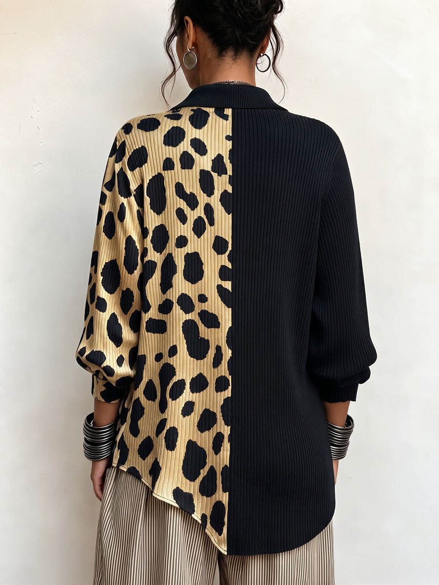Back of the sweater split into leopard print and black ribbed knit
