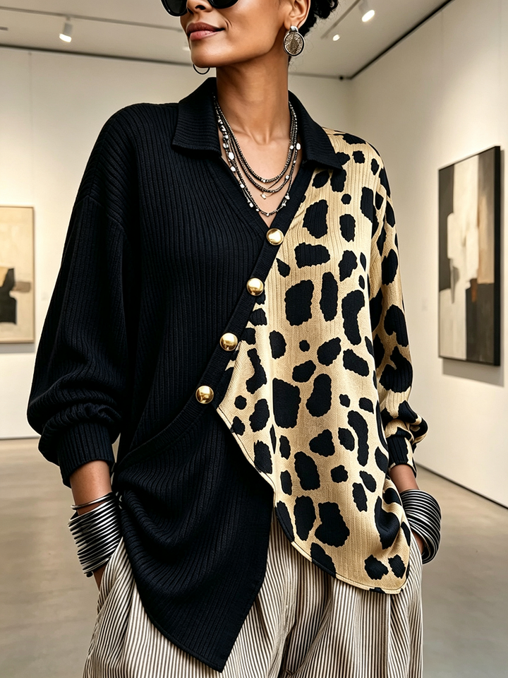 Asymmetric gold-tone button placket and shirt collar seen in a gallery setting