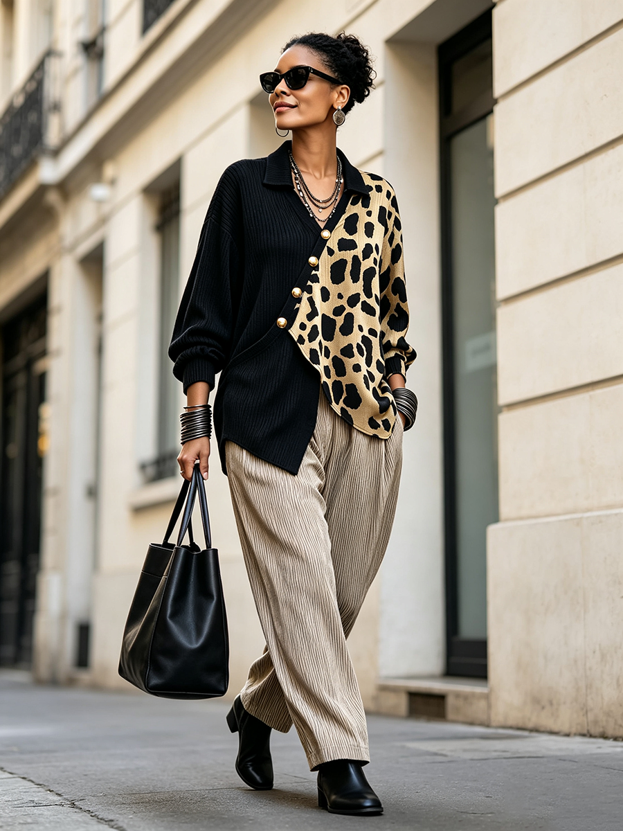 Leopard color block sweater styled with striped wide-leg pants on a city street