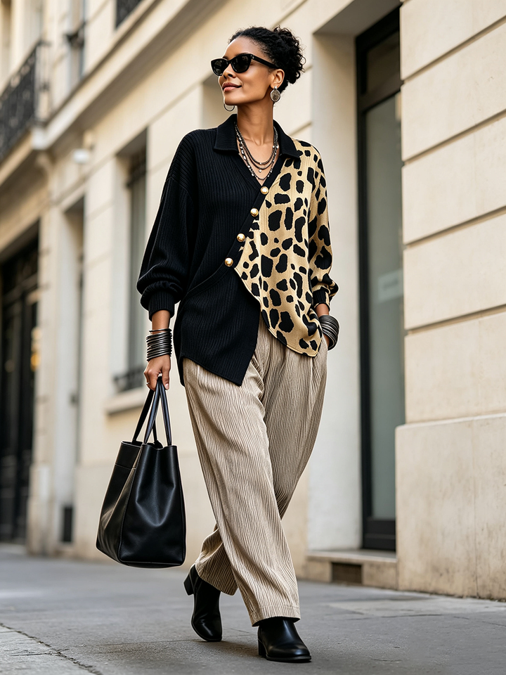 Leopard color block sweater styled with striped wide-leg pants on a city street