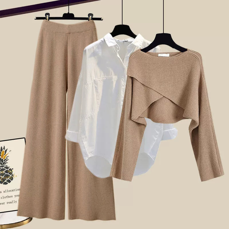 Women's sweater set in camel with shirt and wide leg pants, laid out together
