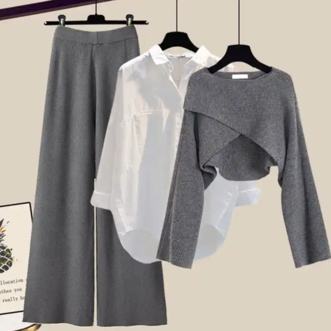 Gray three piece set with white shirt, cropped sweater and wide leg pants