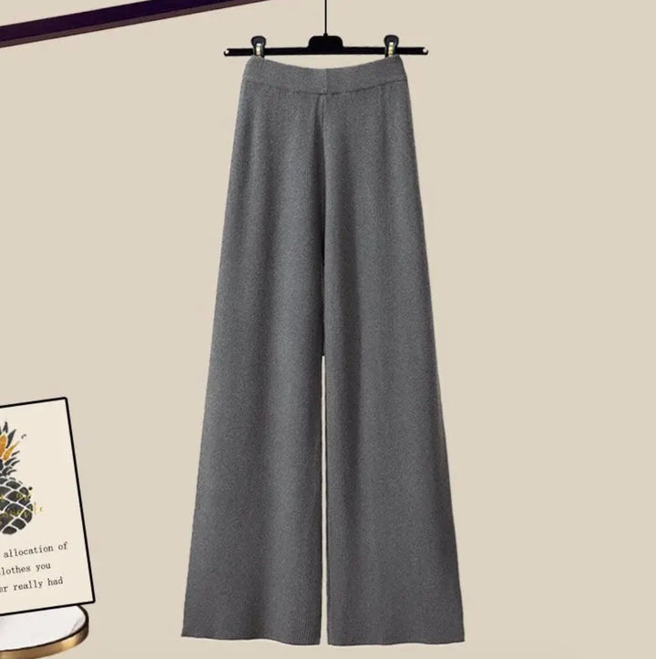 Gray knit wide leg pants with high elastic waistband, front view