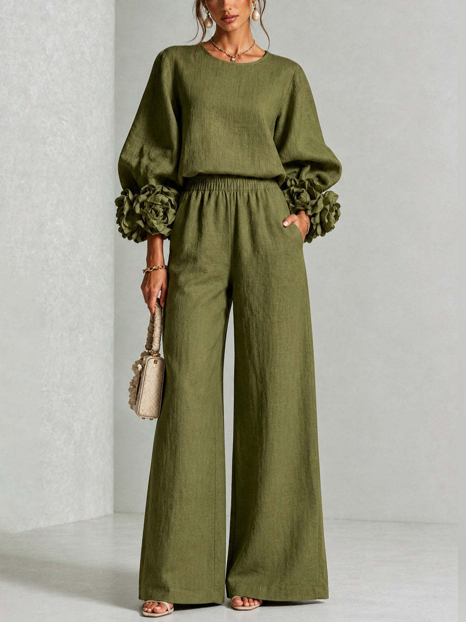 Olive green sweater set with ruffle cuffs and wide leg pants, front view