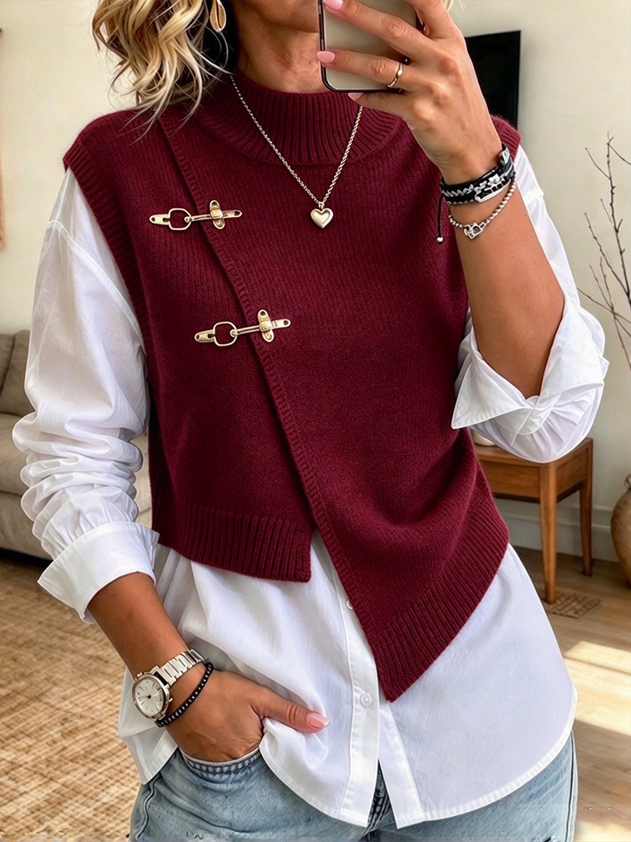 Burgundy knit vest set with gold-tone clasps and mock neck