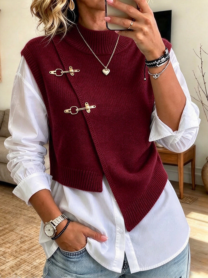 Burgundy knit vest set with gold-tone clasps and mock neck