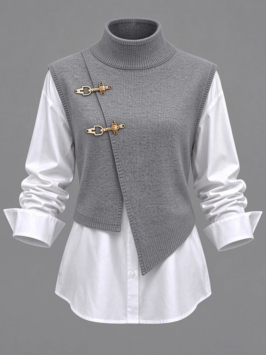 Grey vest and white shirt set laid out, showing the slanted hem