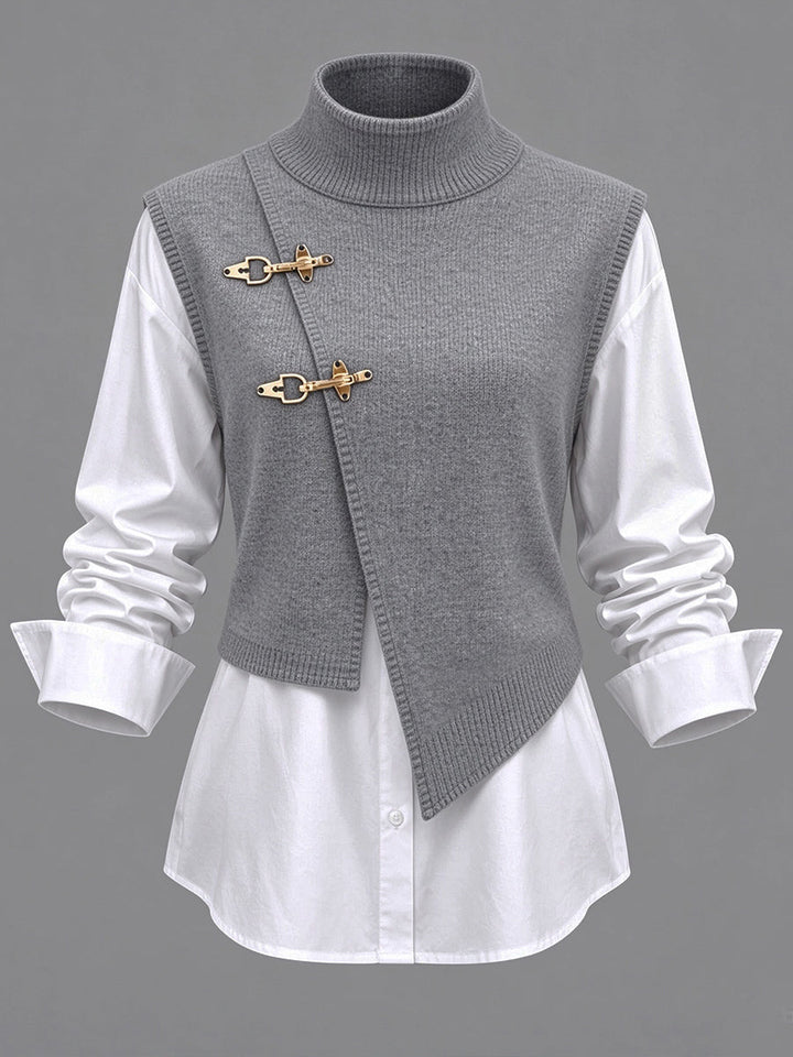 Grey vest and white shirt set laid out, showing the slanted hem