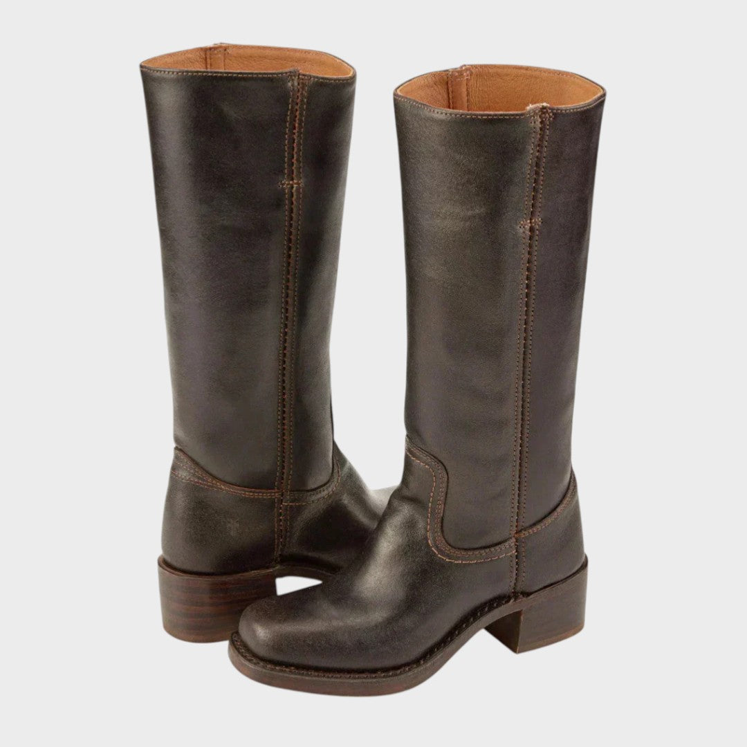 Women's dark brown tall pull-on riding boots, pair shown from the side