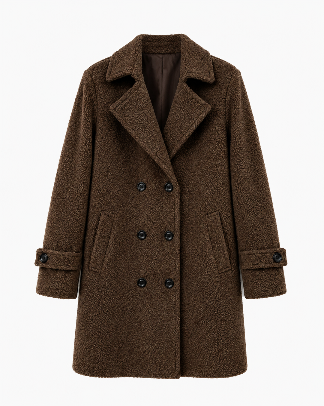 Women's teddy coat in dark brown, double breasted with notch lapels, front view