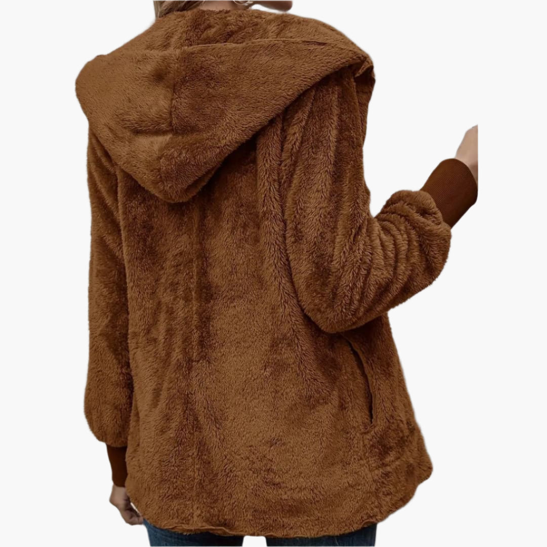 Back view of the brown teddy jacket with the hood up