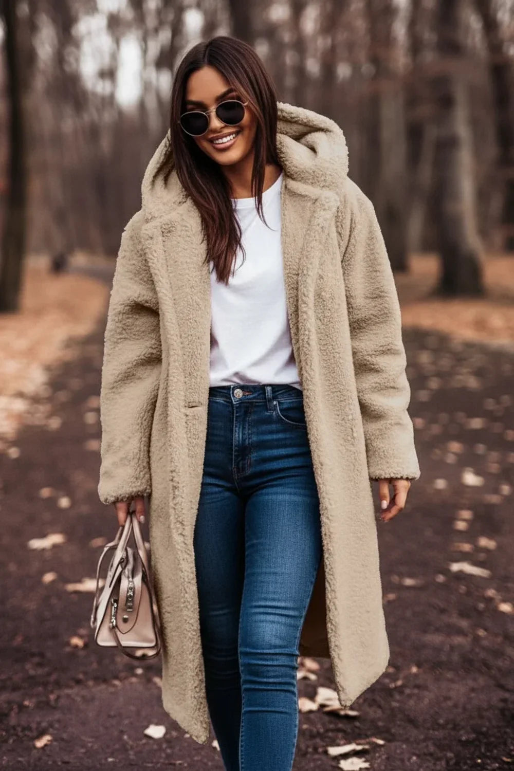 Women's teddy coat, long hooded sherpa jacket in beige