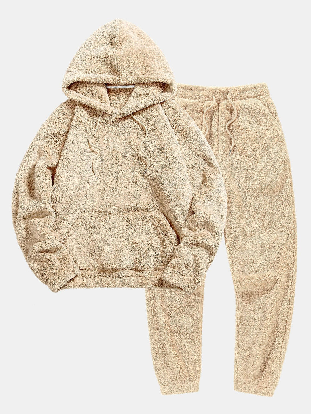 Women's beige teddy fleece hoodie and joggers set, hoodie and joggers laid flat