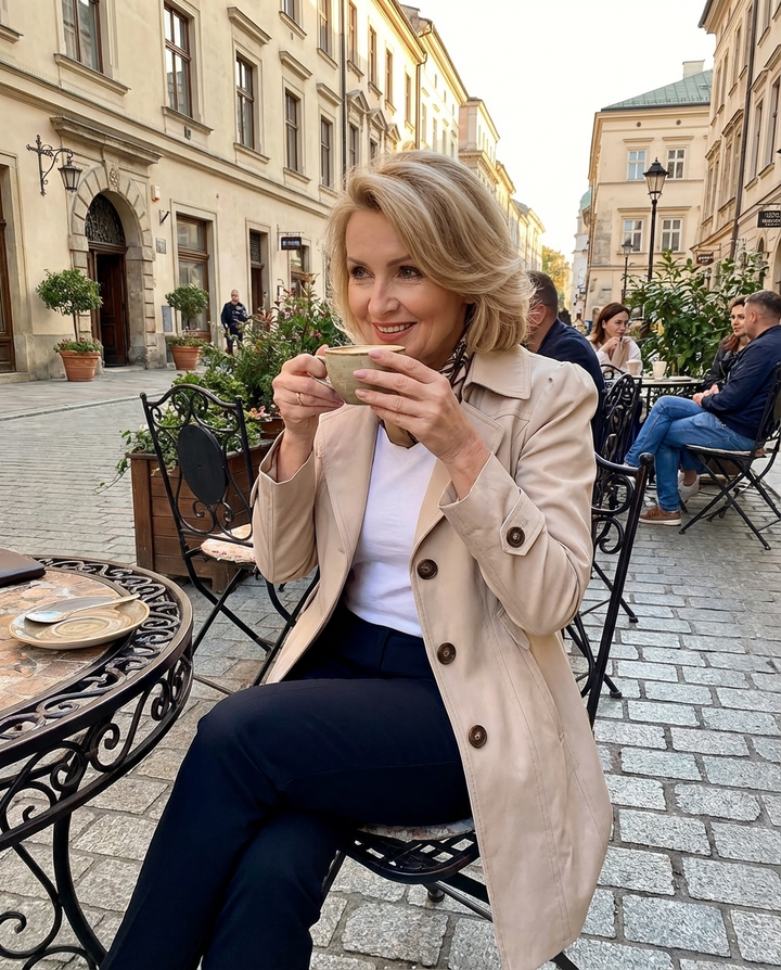 Beige trench coat styled for a coffee break at an outdoor cafe