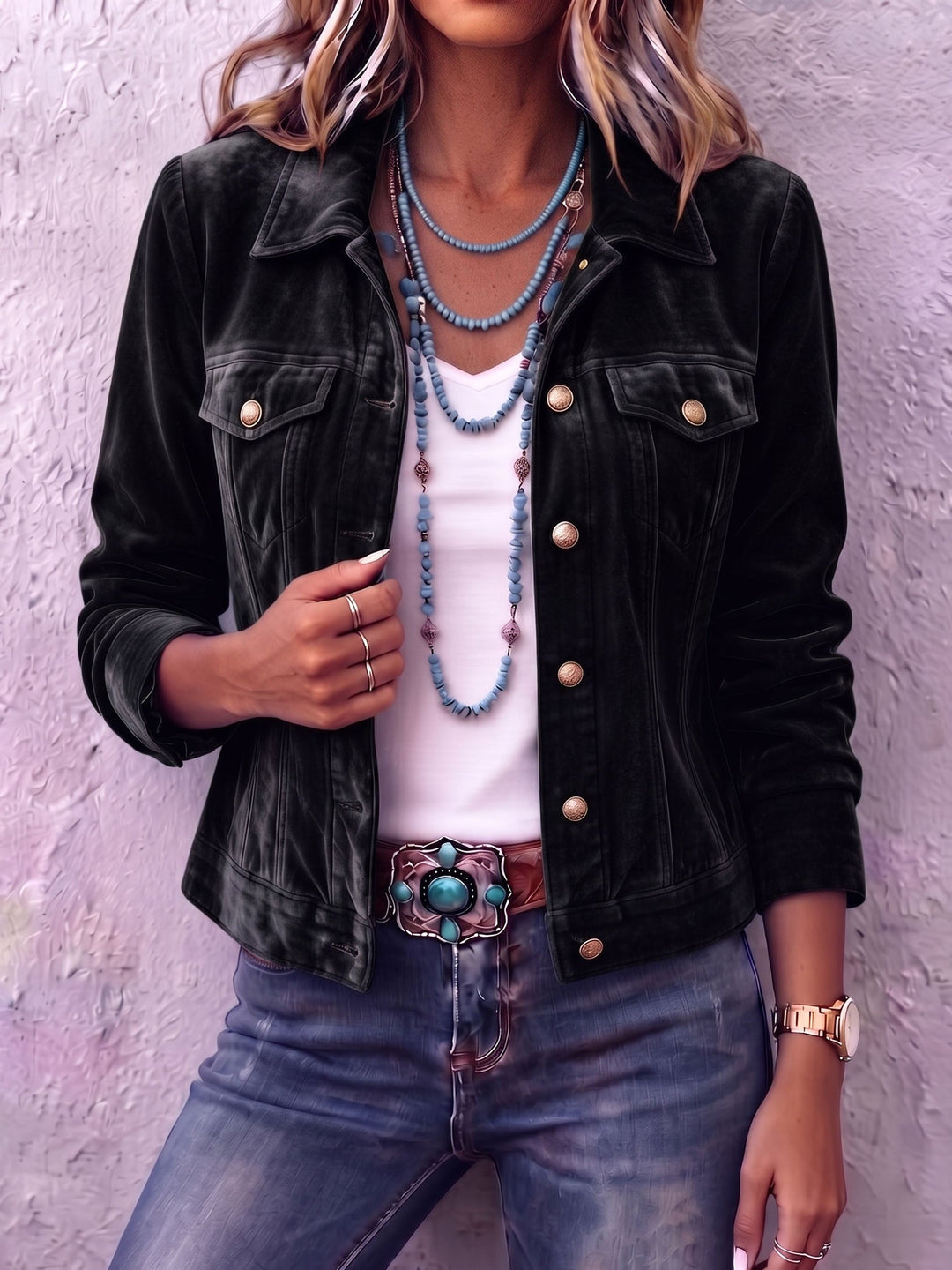 Black velvet-look jacket with pointed collar and button front