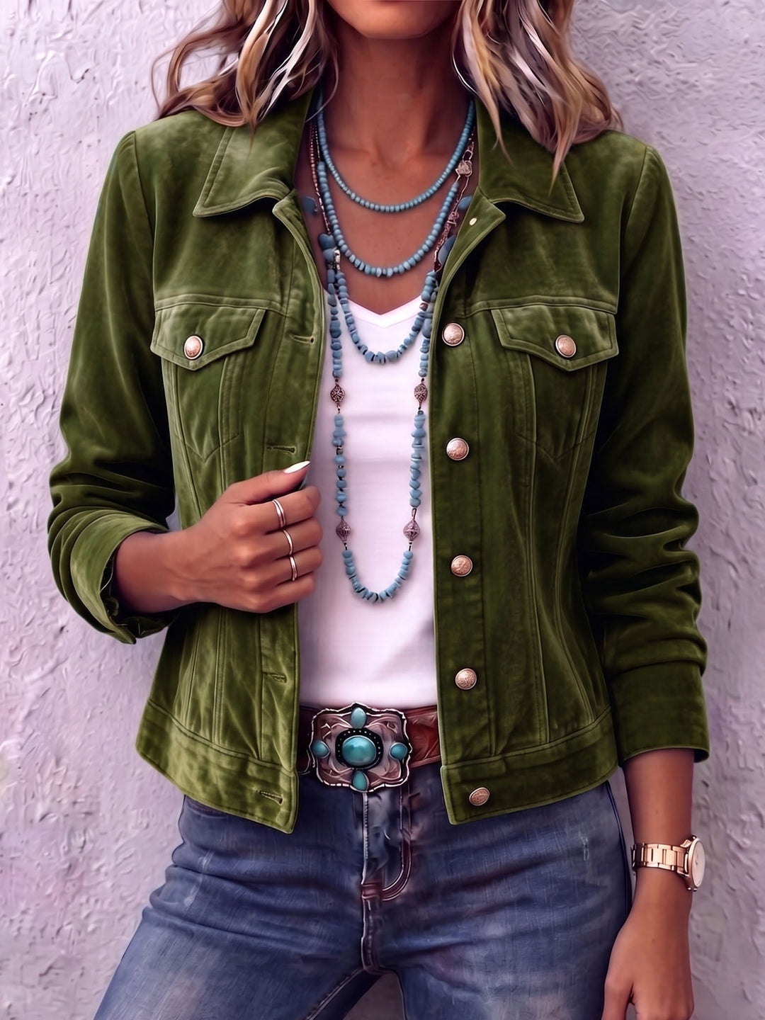 Olive trucker jacket with metal-tone buttons worn over a white tee
