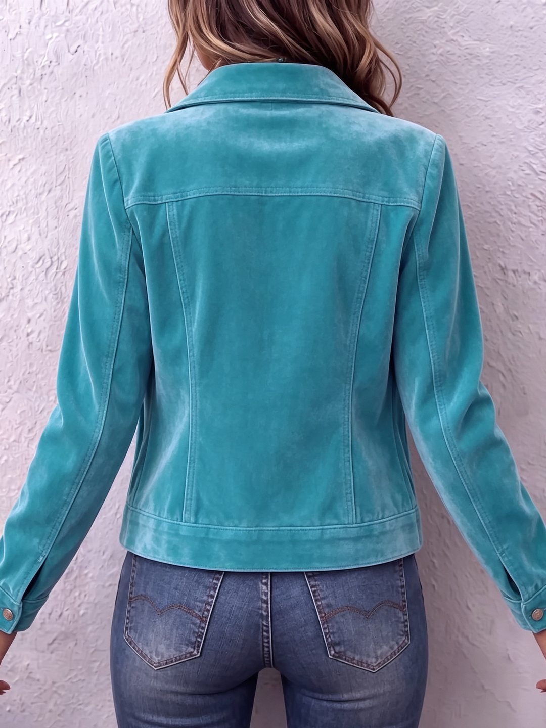 Back view of the teal jacket showing the fitted seams
