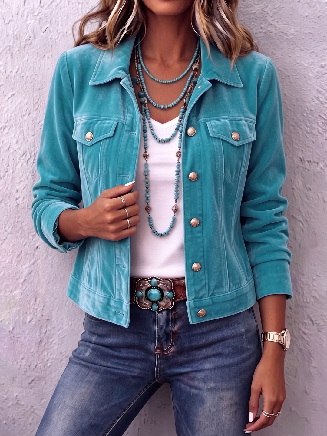 Teal trucker jacket with a soft sheen and two chest pockets