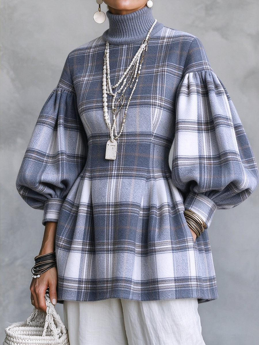 Women's tunic in blue gray plaid with turtleneck and balloon sleeves