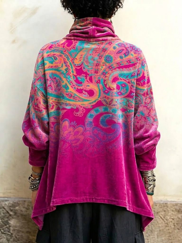 Back of the magenta paisley tunic with handkerchief hem