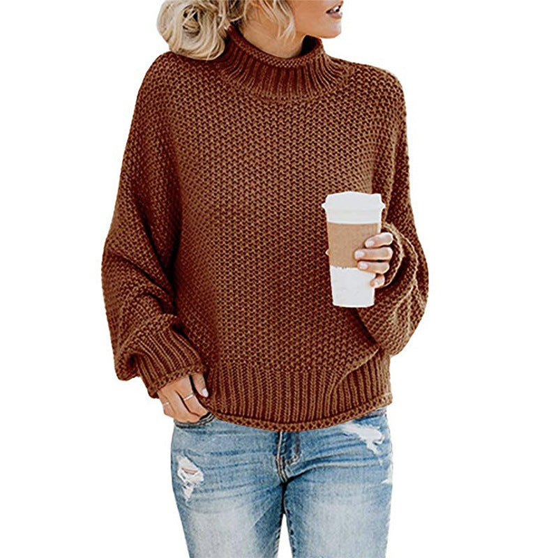 Chestnut chunky knit pullover with a high collar
