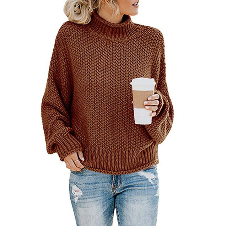 Chestnut chunky knit pullover with a high collar