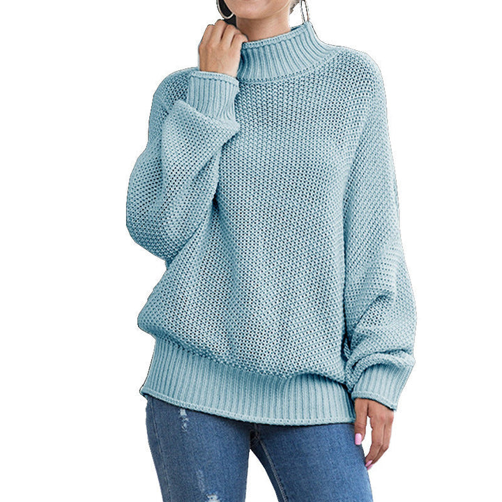 Light blue chunky knit turtleneck front view