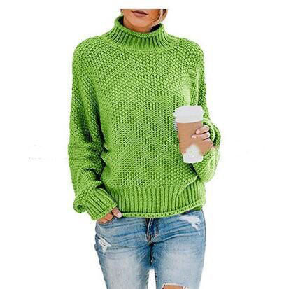 Lime green chunky turtleneck with ribbed cuffs