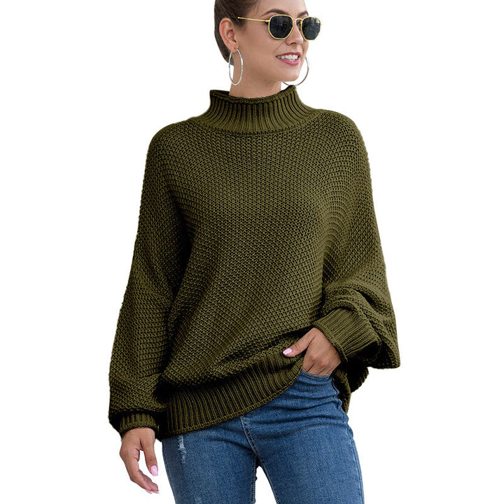 Olive oversized turtleneck worn with sunglasses