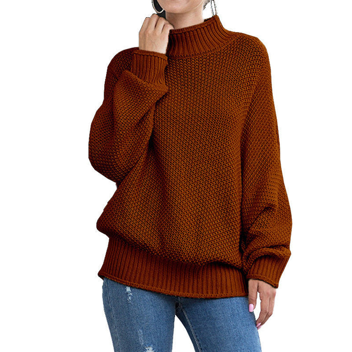 Rust chunky knit pullover with a high ribbed collar