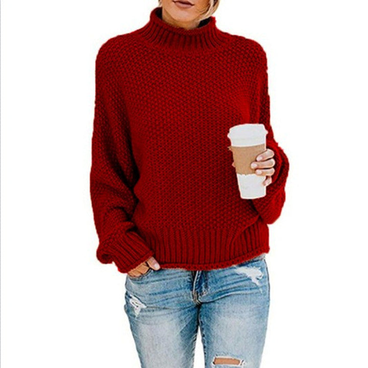 Wine red turtleneck sweater with a coffee cup