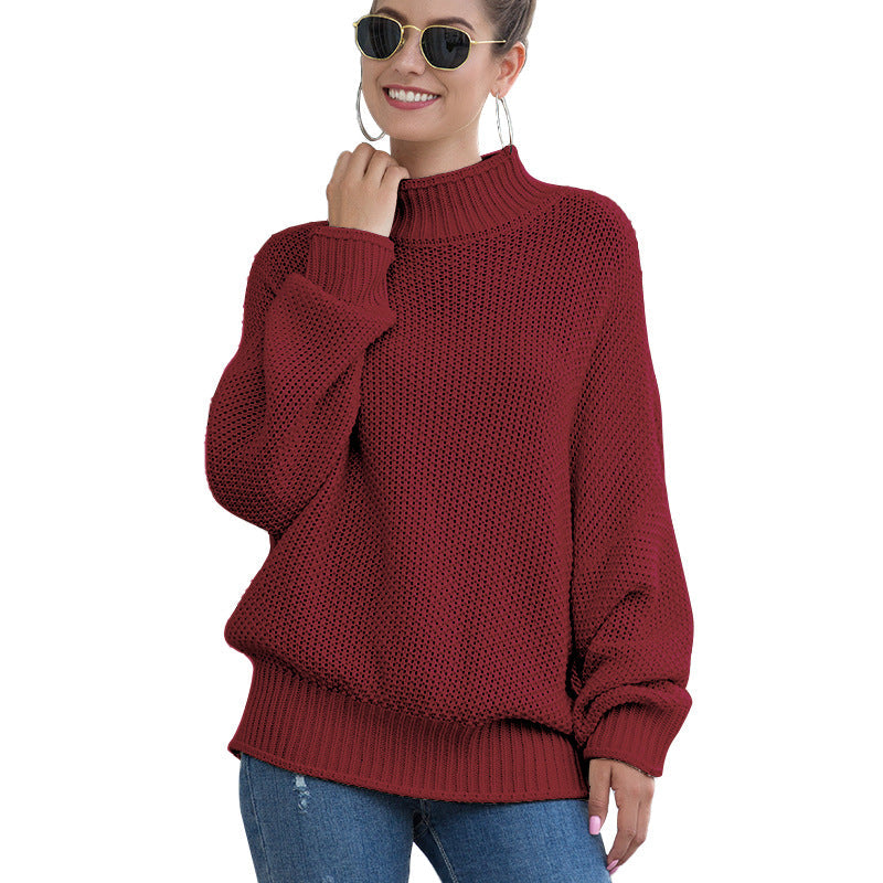 Women's turtleneck sweater in wine red, chunky knit oversized pullover