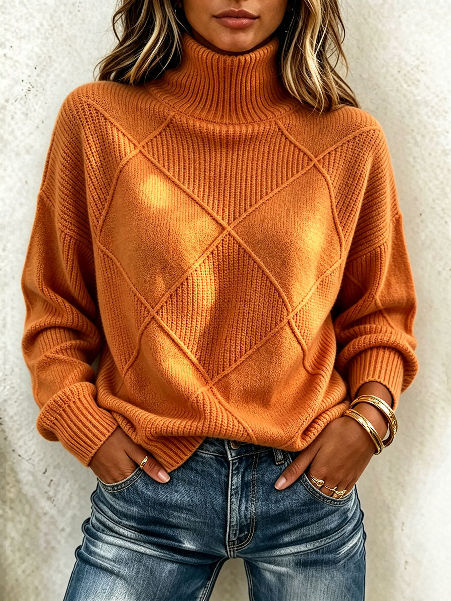 Orange embossed diamond sweater with high ribbed neck