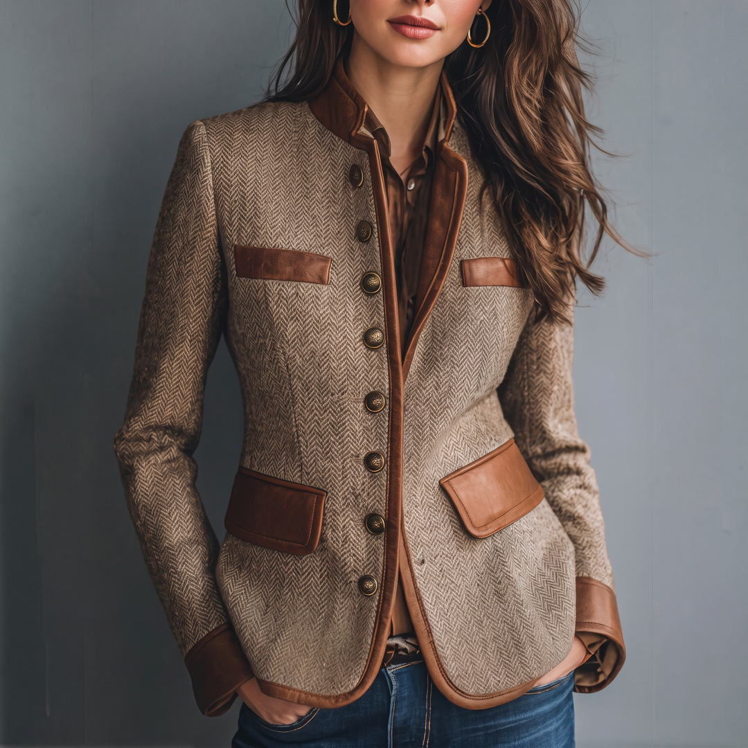 Women's tweed-look jacket, herringbone with contrast trim in brown