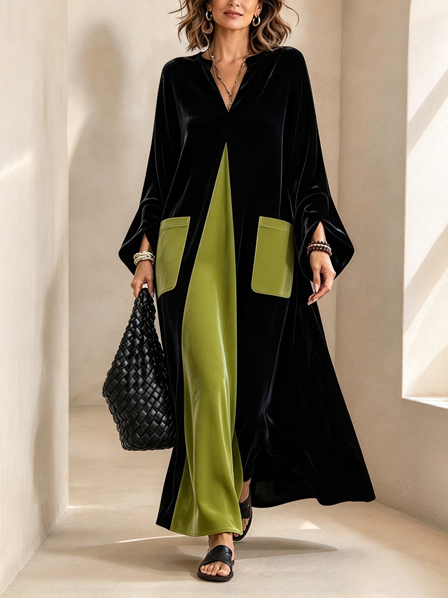 Woman walking in the black long sleeve maxi dress with lime green pockets