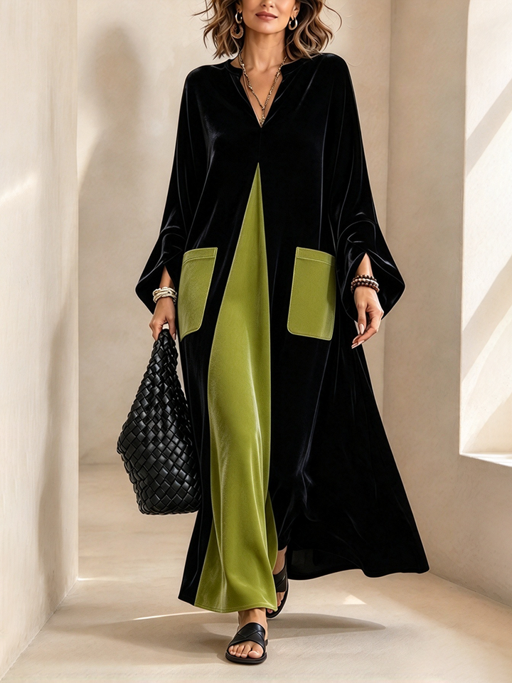 Woman walking in the black long sleeve maxi dress with lime green pockets
