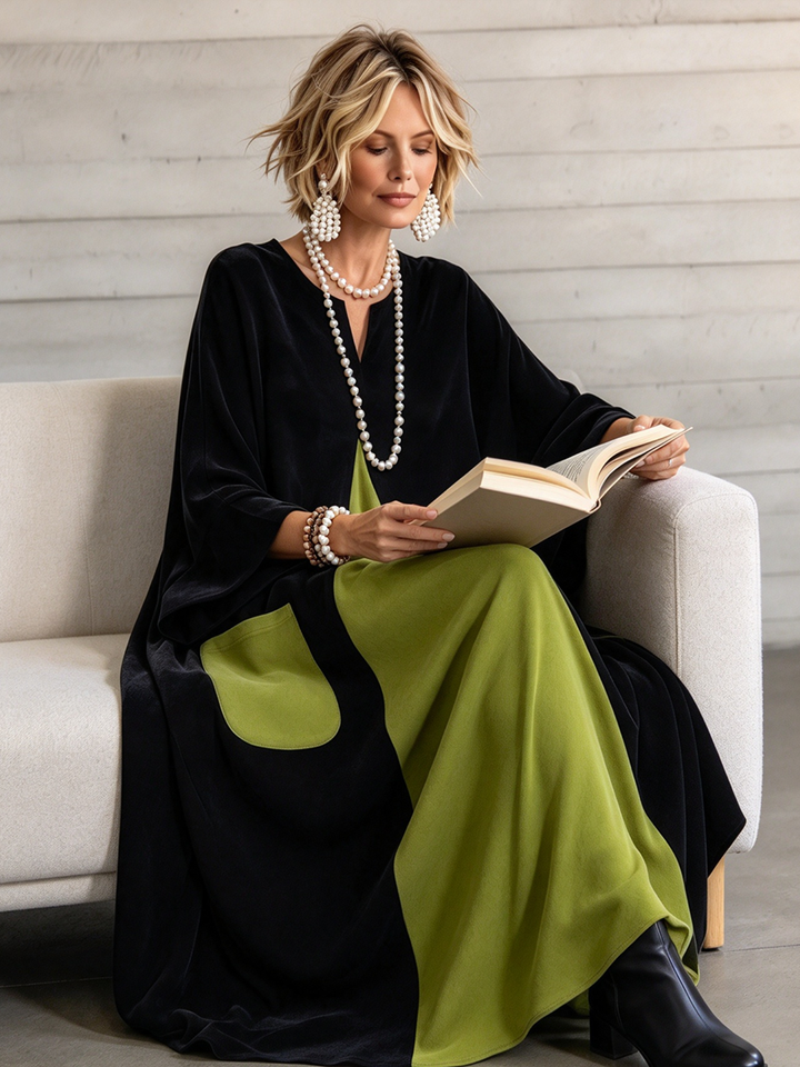 Seated woman reading in the black maxi dress with a lime green skirt panel