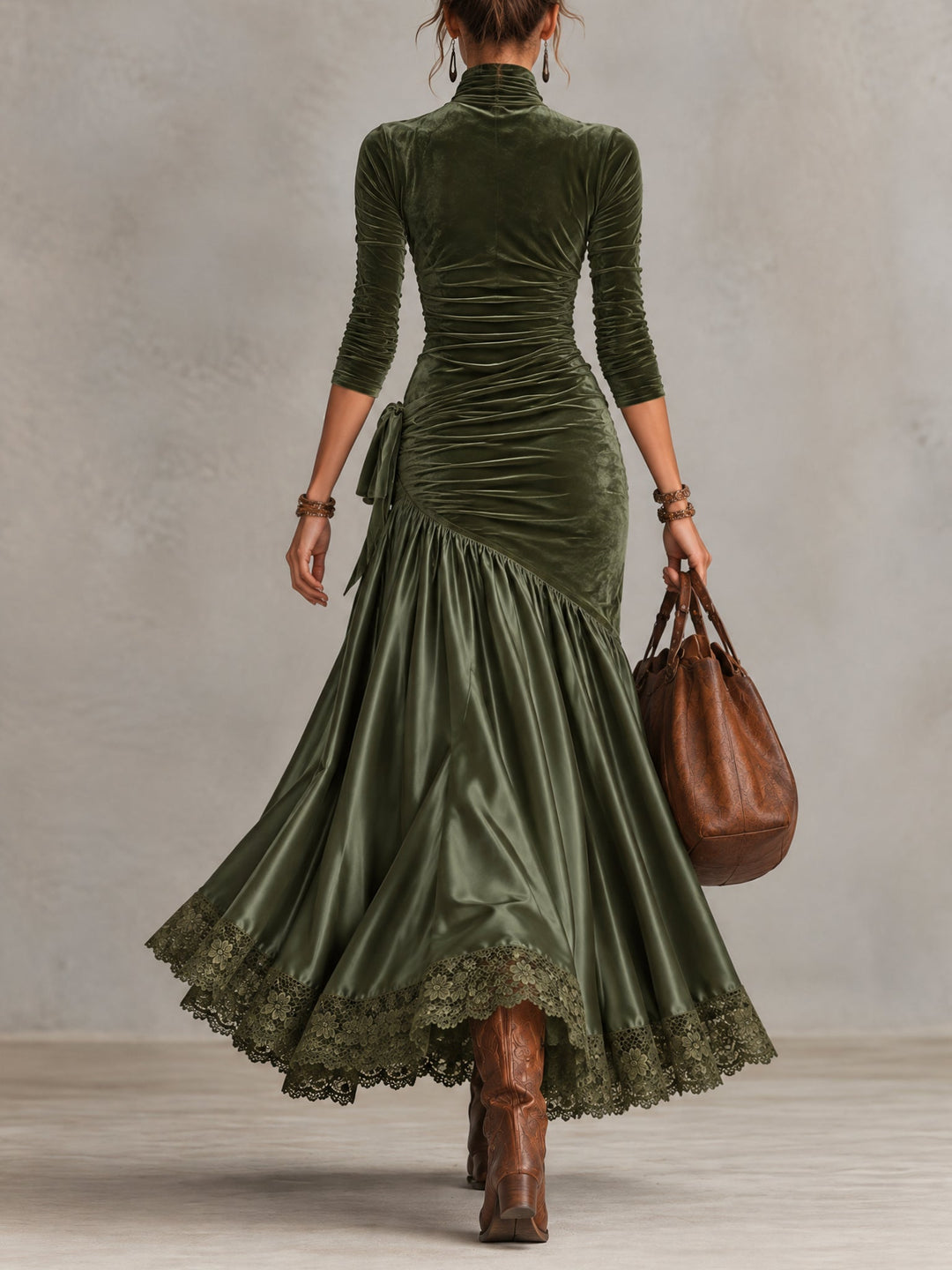 Back view of the olive mock neck maxi dress with flared skirt
