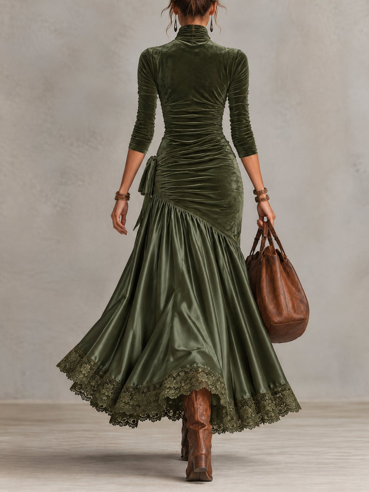 Back view of the olive mock neck maxi dress with flared skirt