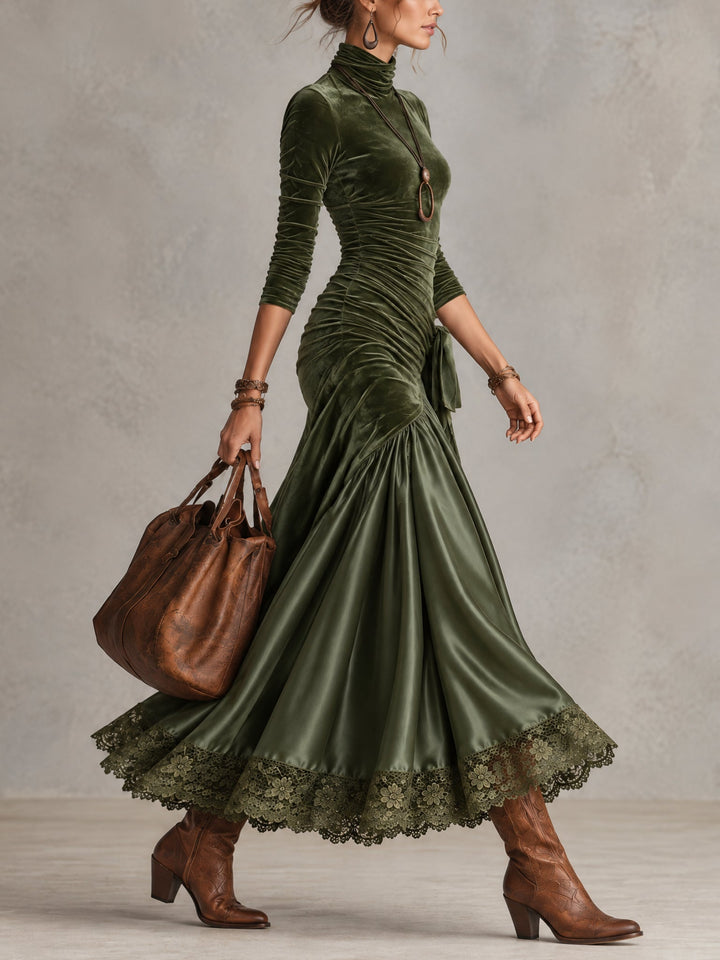 Side view of the olive long sleeve maxi dress with ruched waist