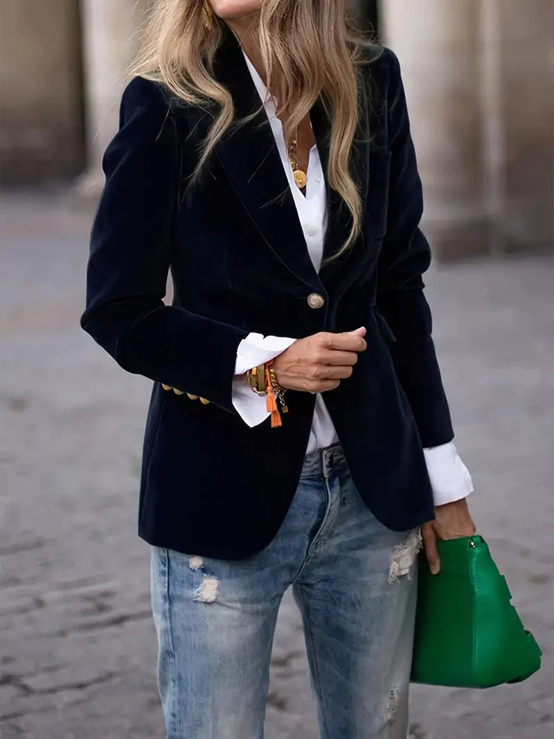 Women's velvet-look blazer in black, fitted single button with notch lapel