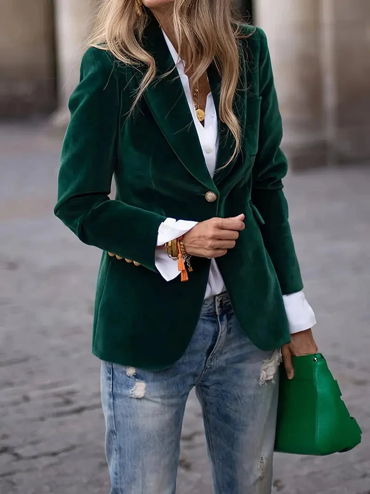 Emerald green velvet-look blazer with gold-tone buttons