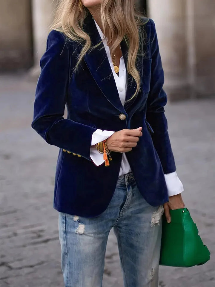 Navy velvet-look blazer with notch lapels and single front button