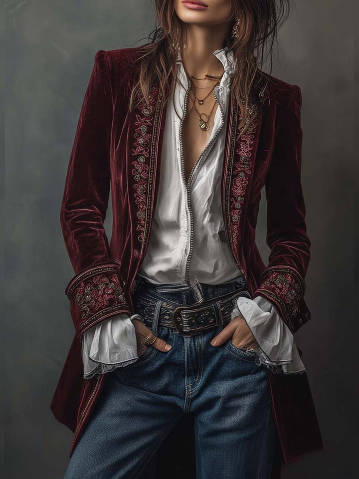 Burgundy velvet-look long embroidered jacket, front view with white blouse and jeans