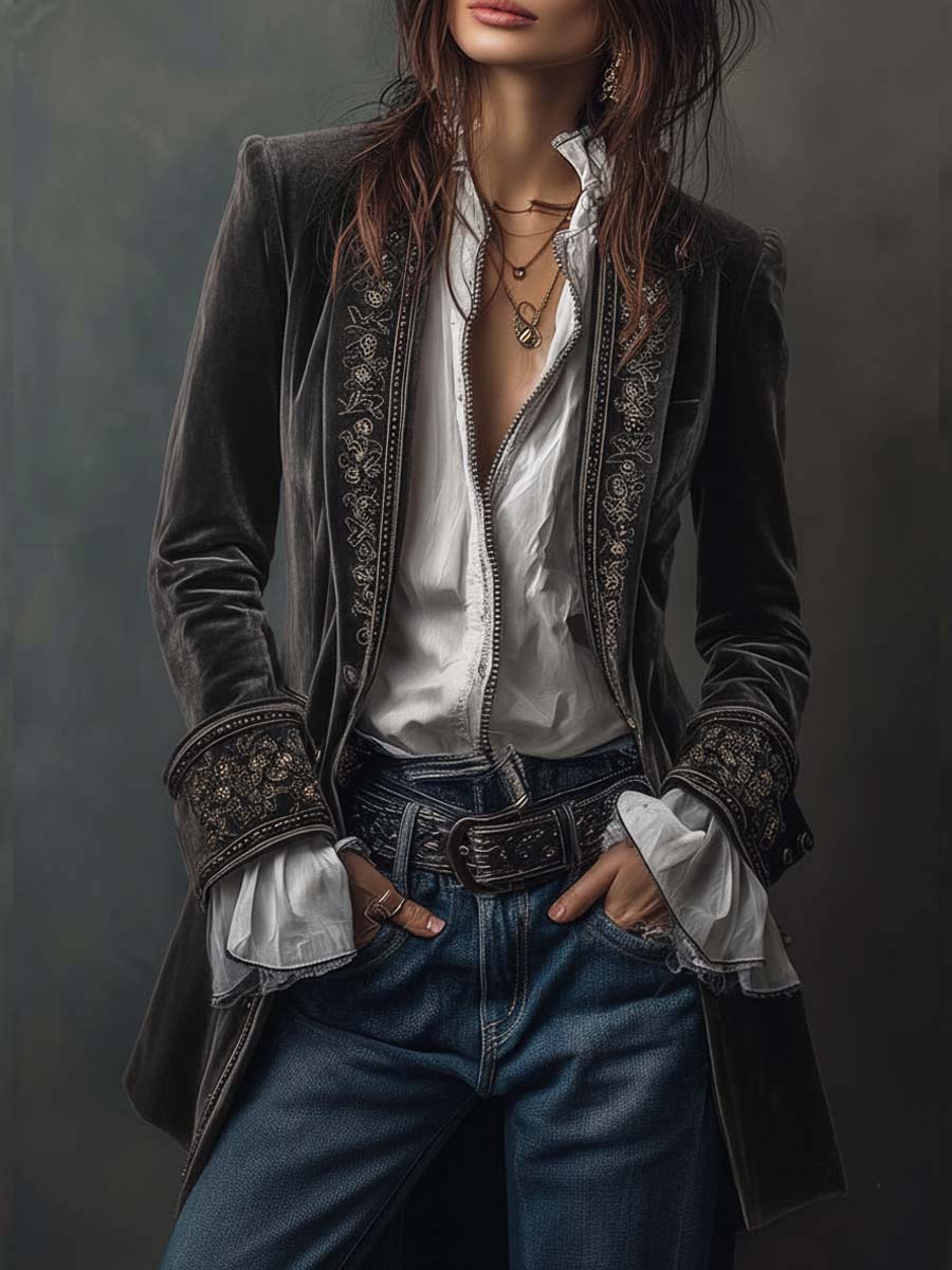 Dark gray velvet-look long embroidered jacket, front view with white blouse and jeans