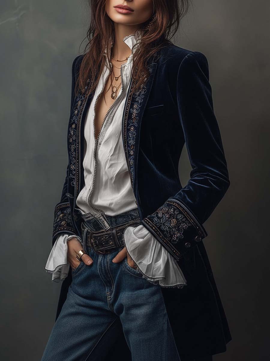Navy velvet-look embroidered jacket front view with ruffled white cuffs and a belt