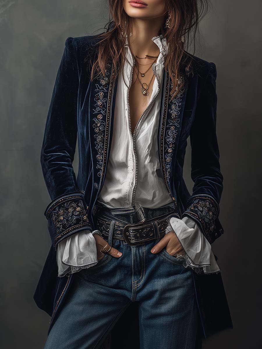 Women's velvet-look blazer in navy, long embroidered jacket with floral trim