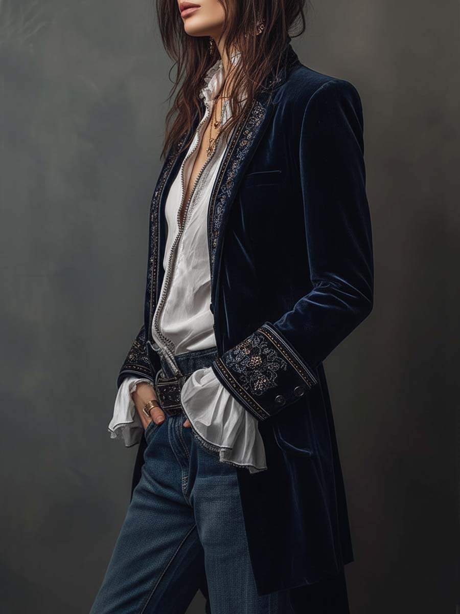 Side view of the navy velvet-look long jacket with embroidered cuff