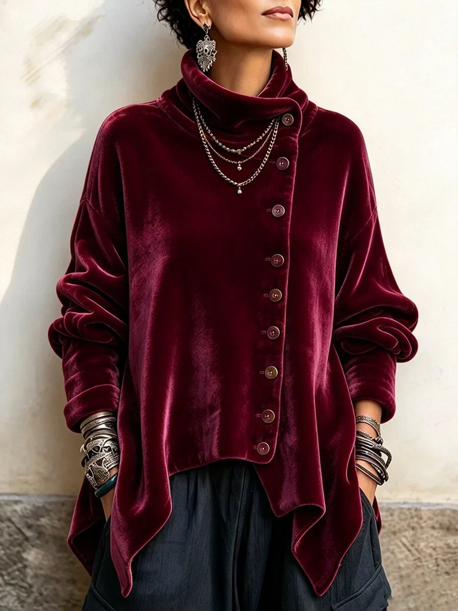 Burgundy turtleneck top on a model, front view with dropped shoulders
