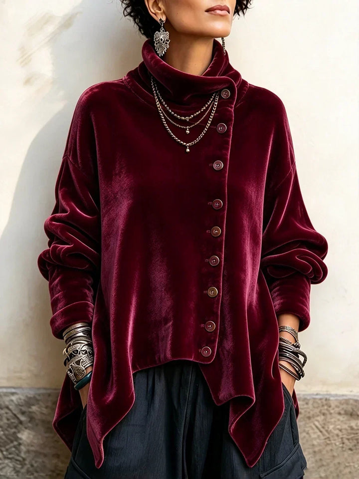 Burgundy turtleneck top on a model, front view with dropped shoulders